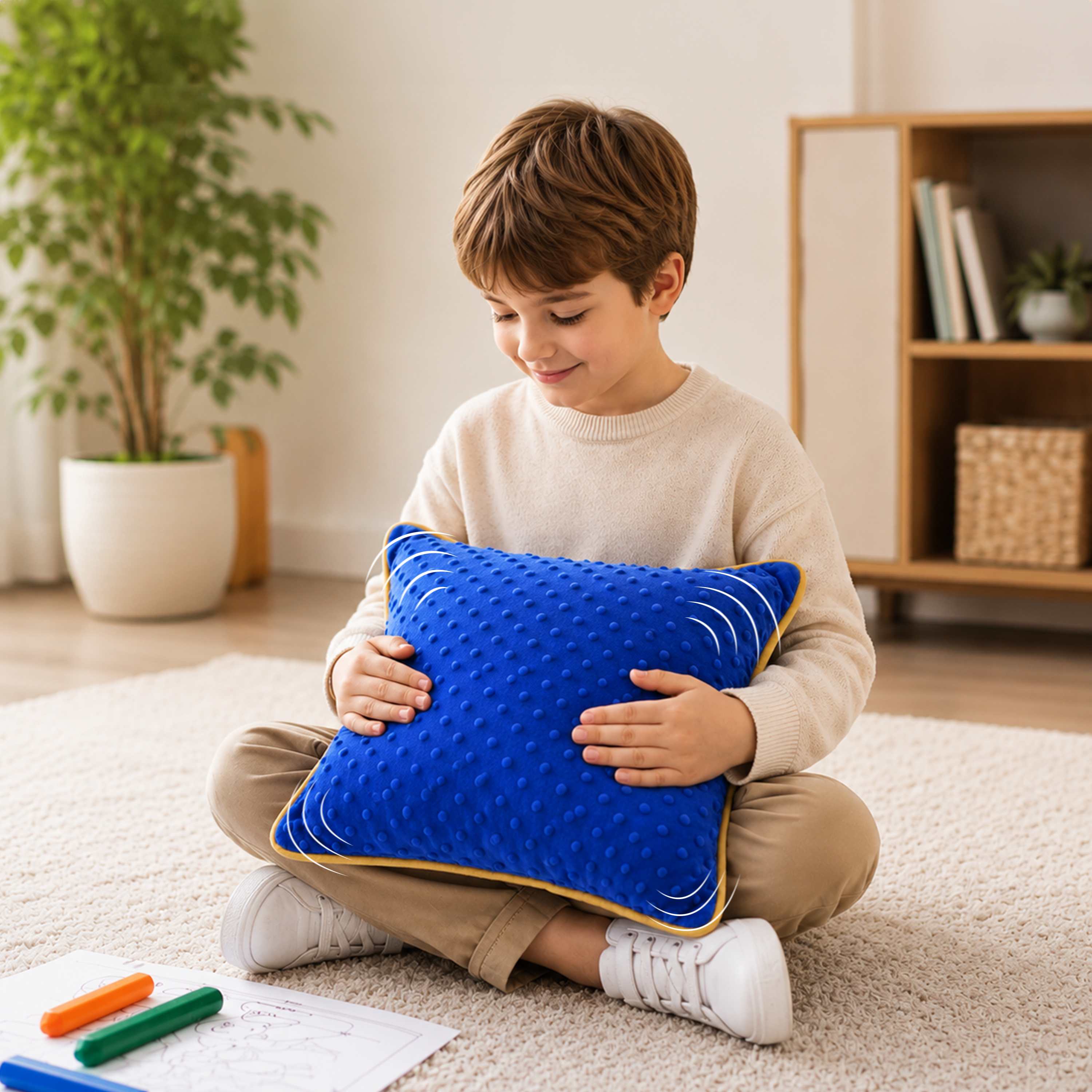 Boy sitting on the floor hugging the Bright Vibrating Sensory Pillow during quiet time
