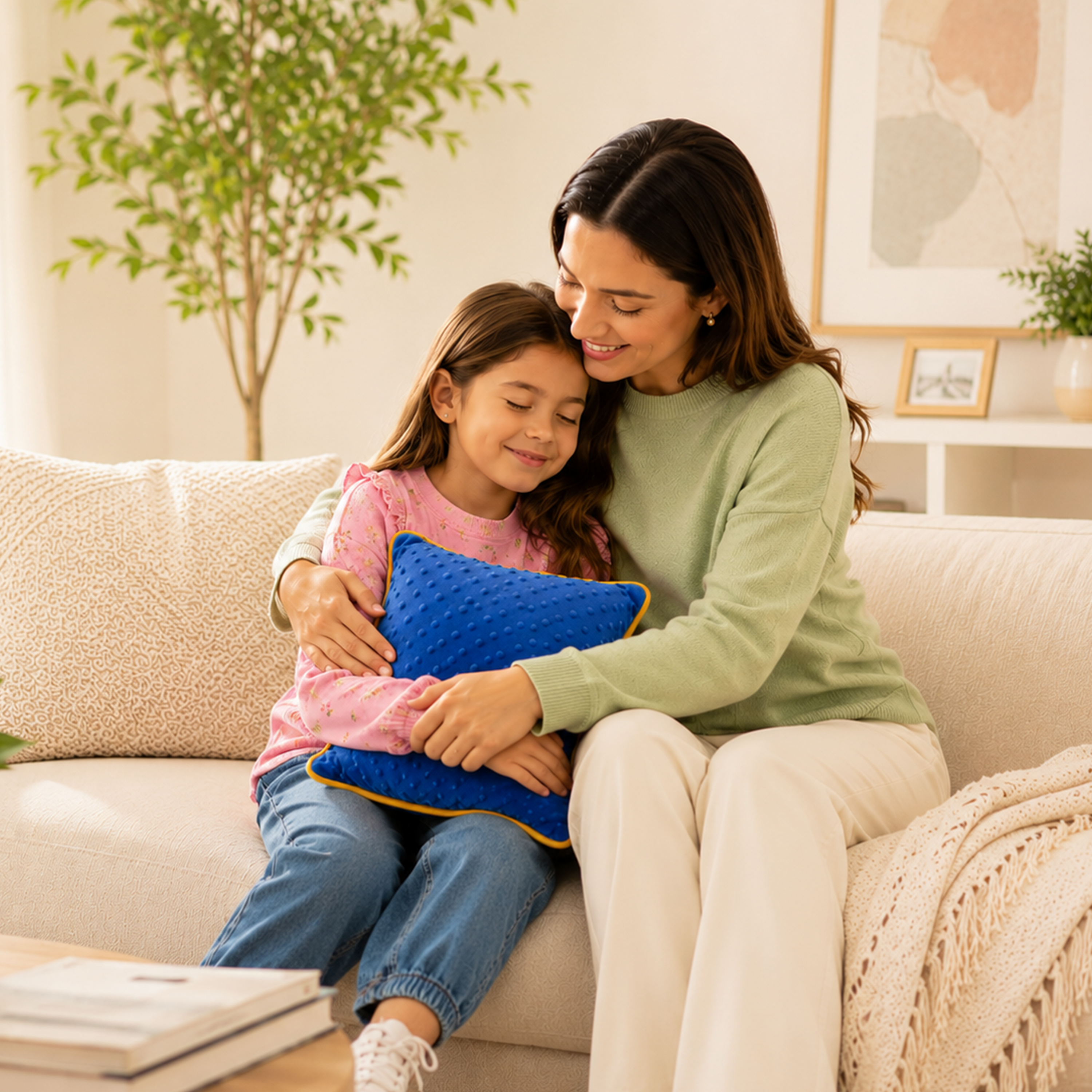 Mother and daughter hugging the Bright Autism Vibrating Sensory Pillow together on the couch