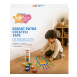 Boy creating a rocket design with the Bright Paths Creative Tape, 7 colored rolls for open-ended play