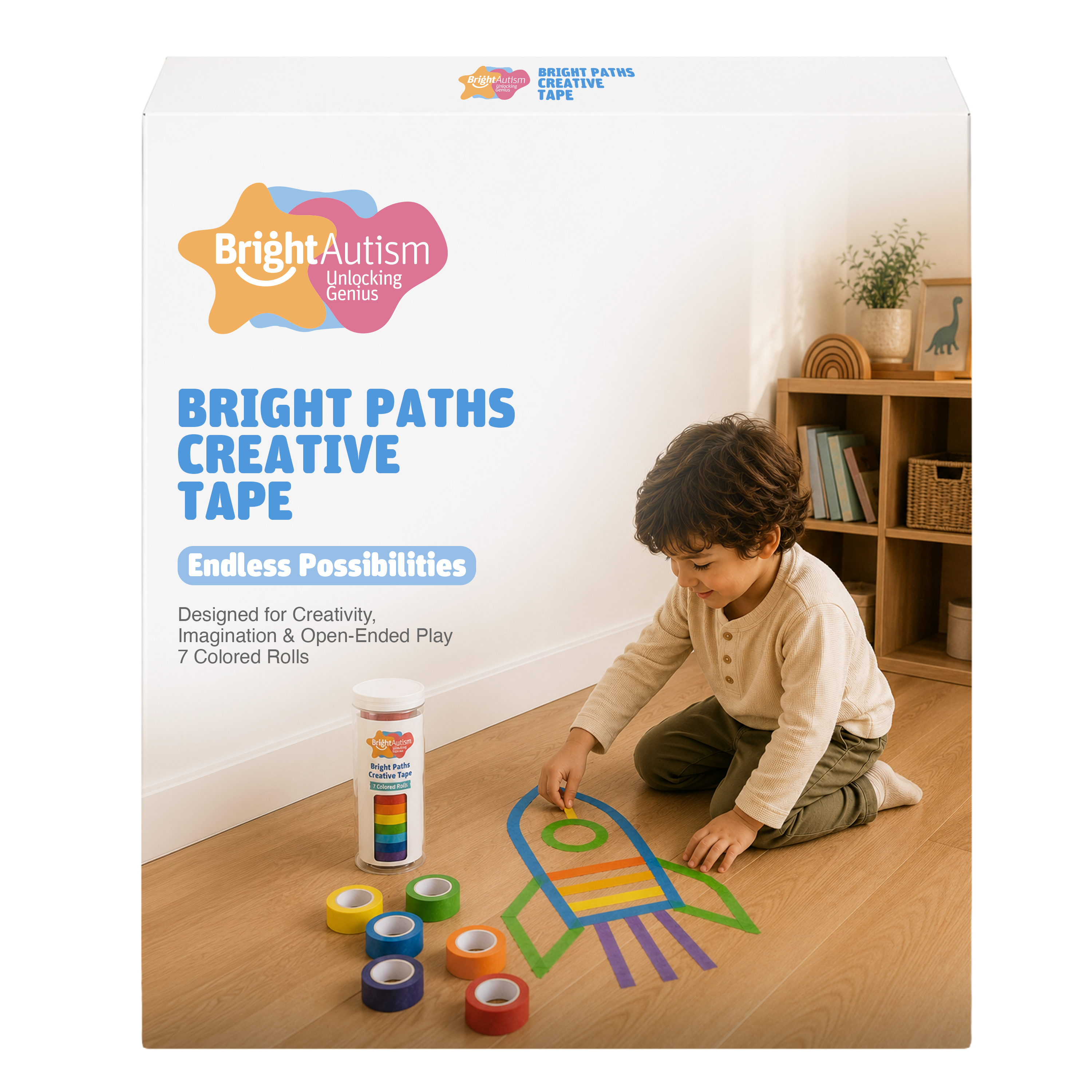 Boy creating a rocket design with the Bright Paths Creative Tape, 7 colored rolls for open-ended play