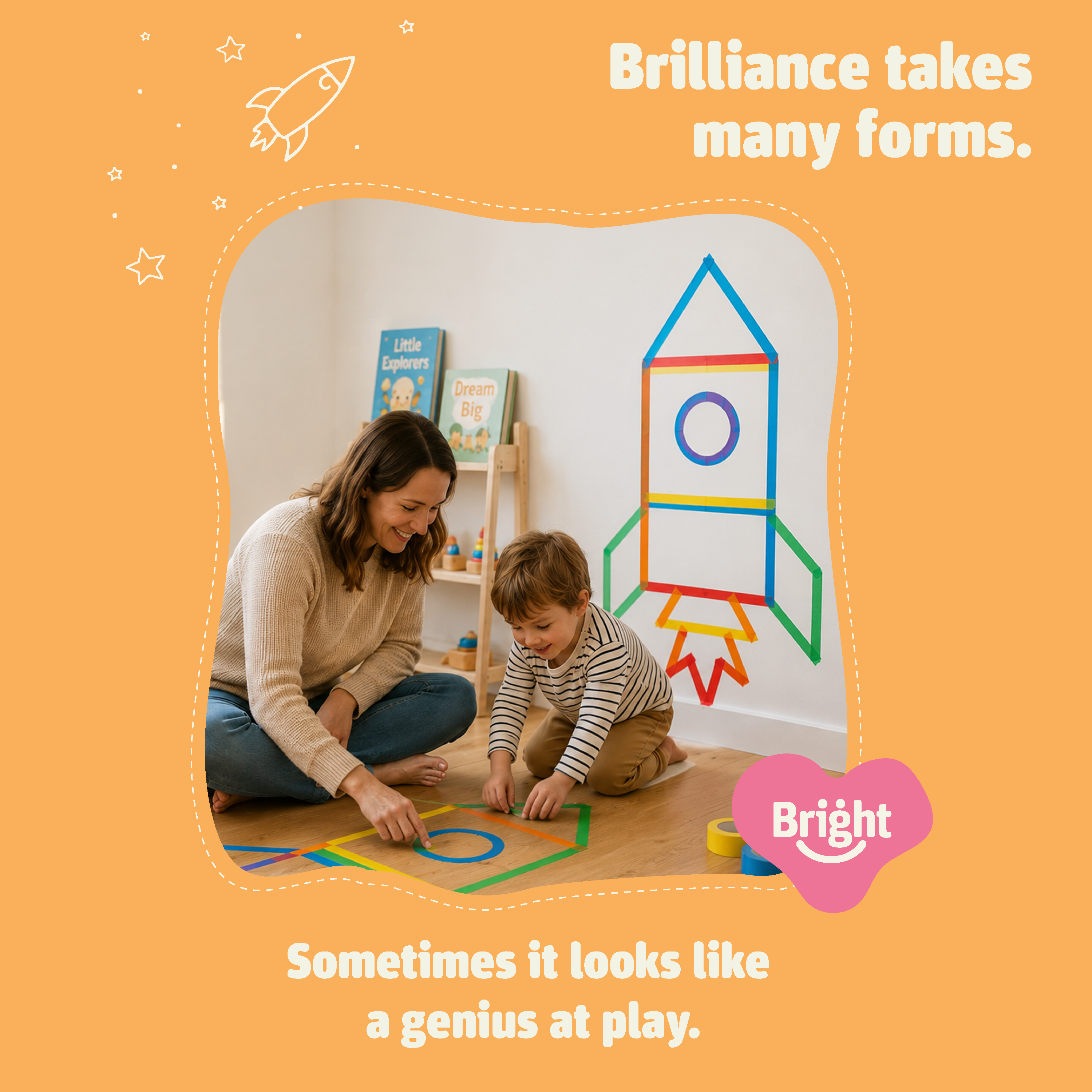 Mother and son building a tape rocket design together to spark imagination with the Bright Paths Creative Tape
