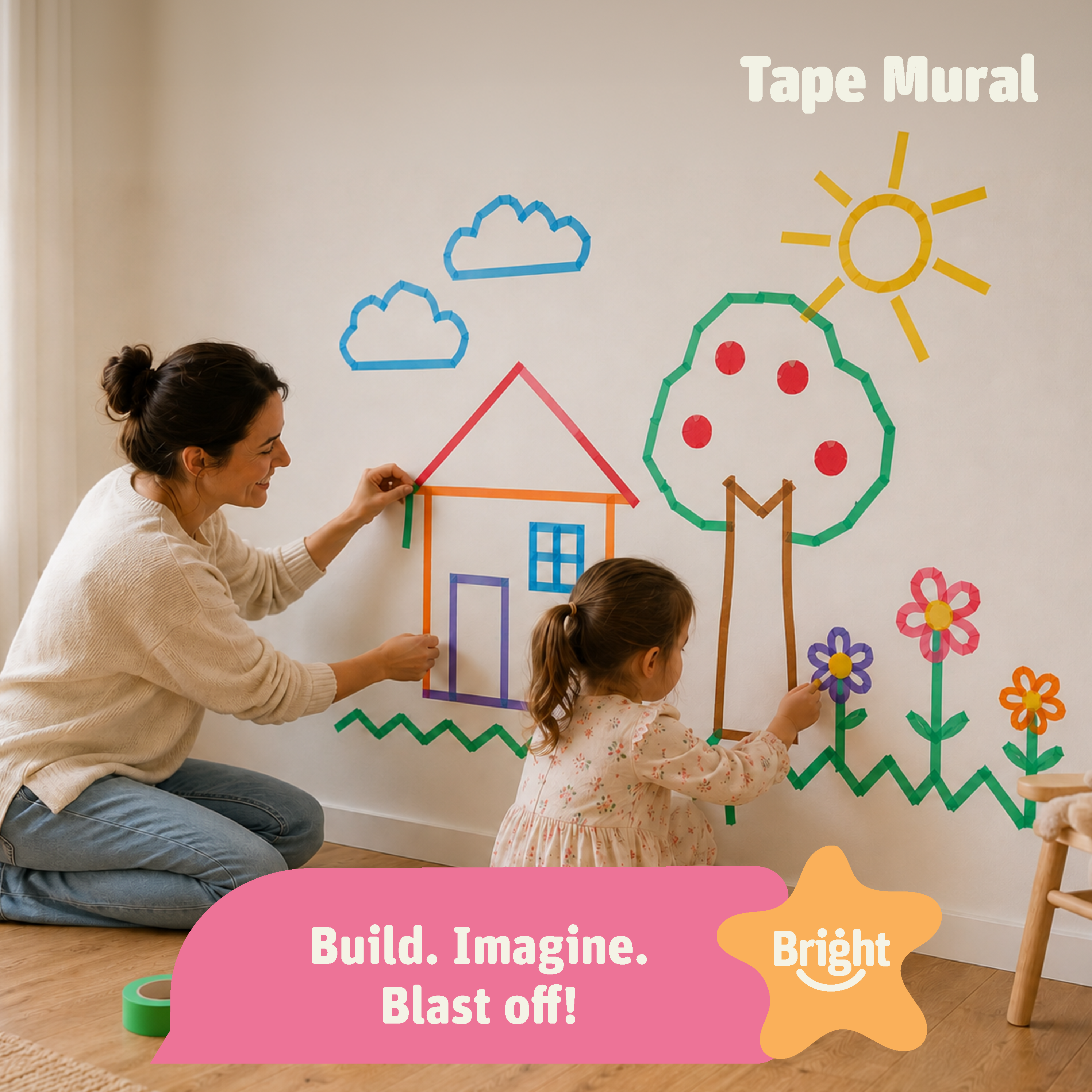 Mother and daughter creating a tape mural house and tree design on the wall with the Bright Paths Creative Tape