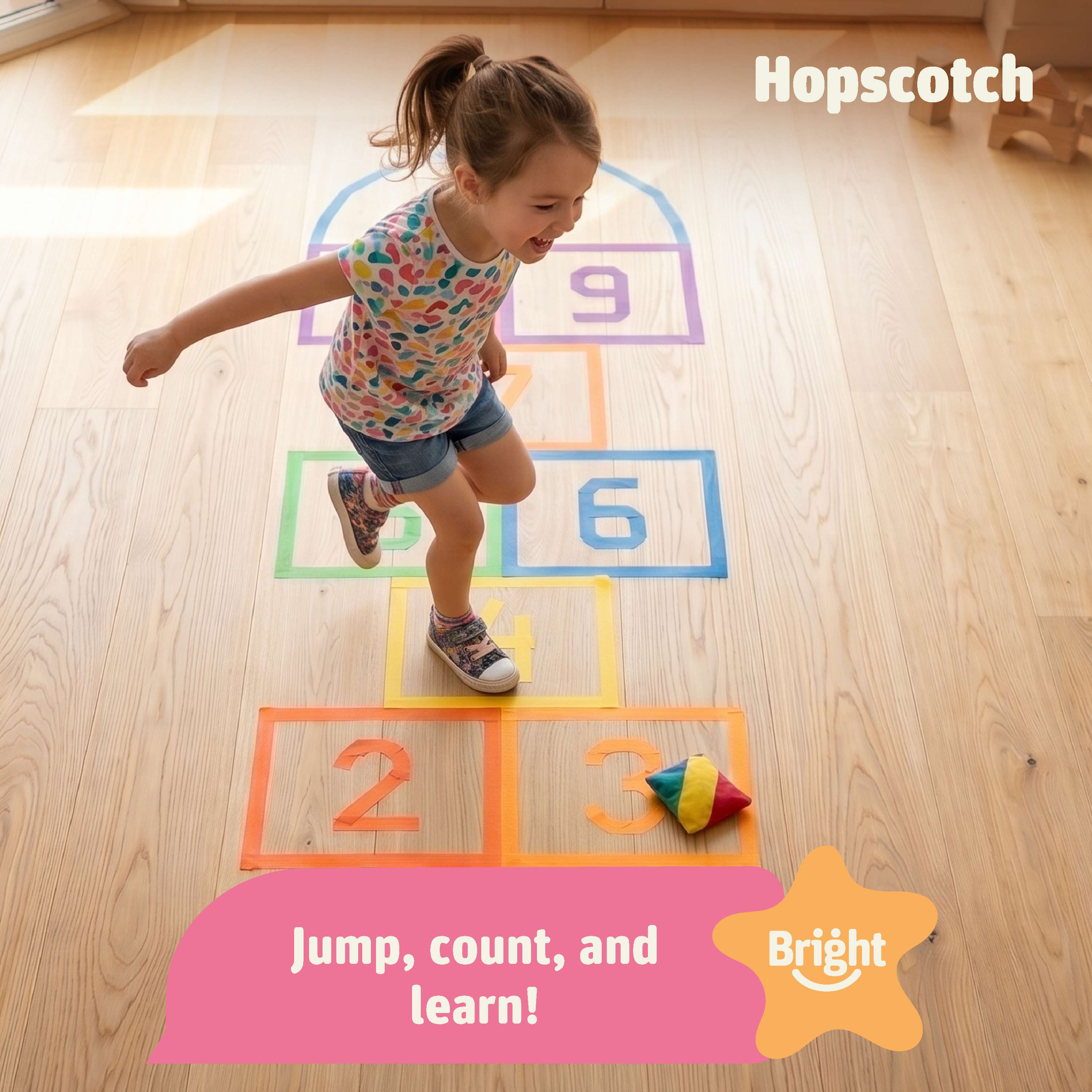 Girl playing hopscotch on a course made with the Bright Paths Creative Tape