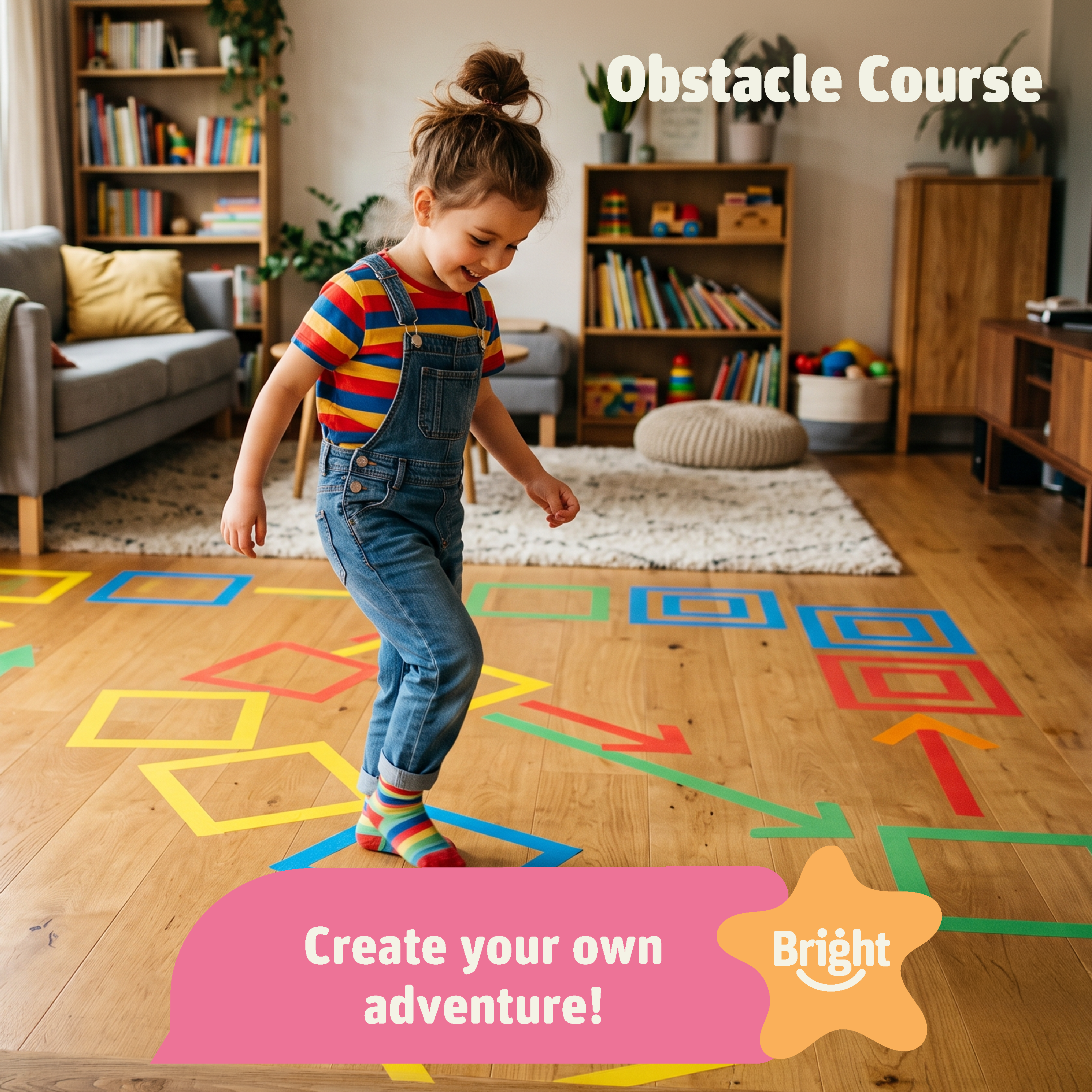 Girl walking a colorful obstacle course made with the Bright Paths Creative Tape