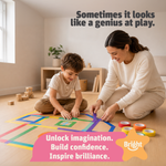 Mother and son playing a tape path game to build confidence and imagination with the Bright Paths Creative Tape