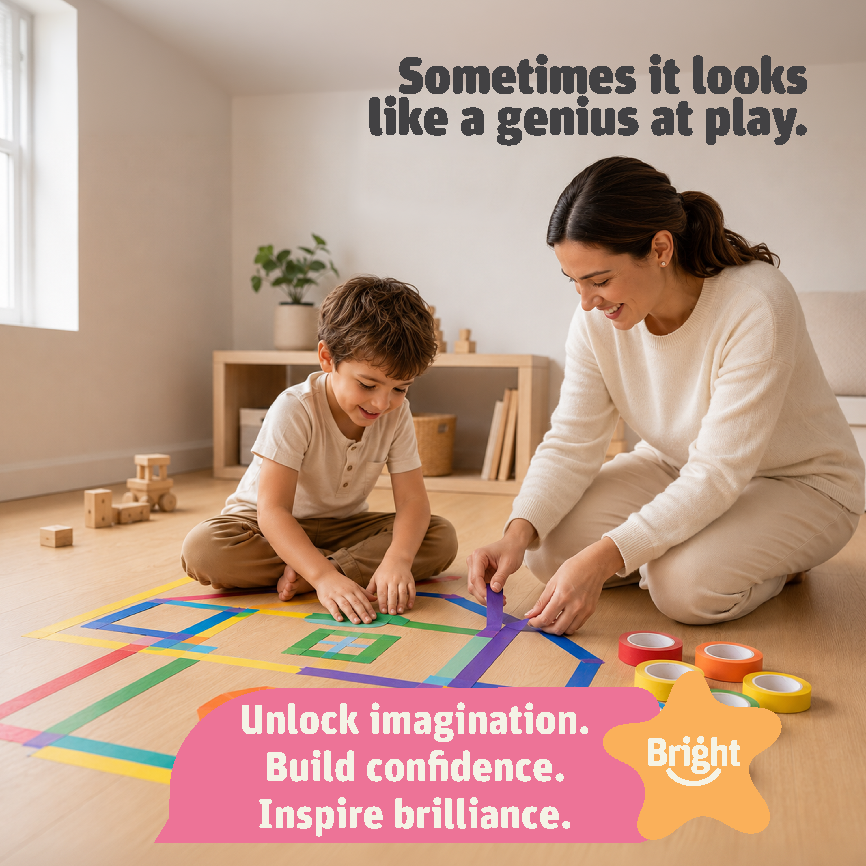 Mother and son playing a tape path game to build confidence and imagination with the Bright Paths Creative Tape