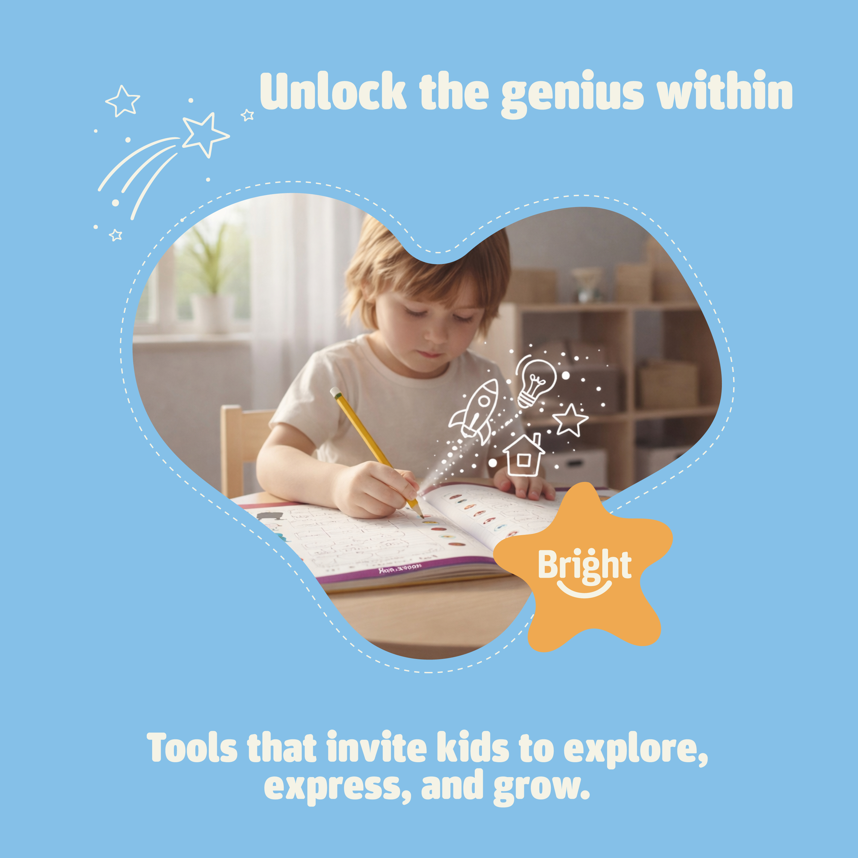 Bright Autism brand graphic – "Unlock the genius within" child writing in workbook