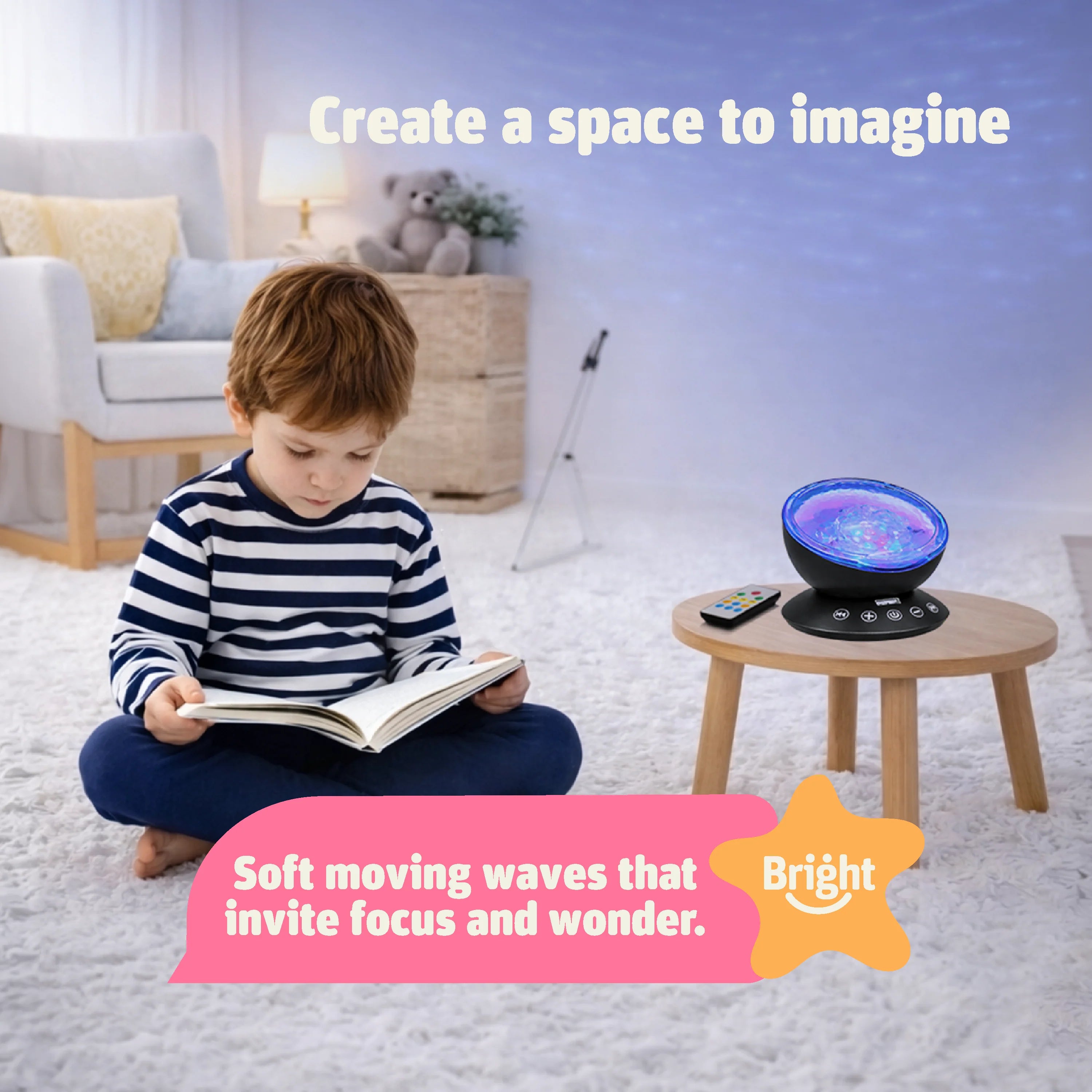 Sensory Sea Lamp by Bright Autism – child reading on floor near glowing lamp, soft wave light