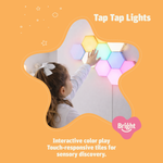 TAP-TAP Sensory Lights by Bright Autism – child touching star-shaped hexagon light arrangement, interactive color play
