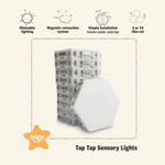 TAP-TAP Sensory Lights by Bright Autism – stacked hexagon tiles showing dimmable lighting and magnetic connection features