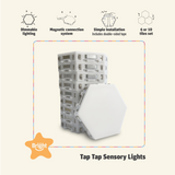 TAP-TAP Sensory Lights by Bright Autism – stacked hexagon tiles showing dimmable lighting and magnetic connection features