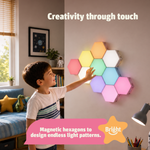 TAP-TAP Sensory Lights by Bright Autism – child touching magnetic hexagon lights on wall, creativity through touch