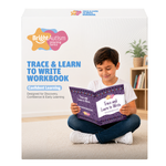 Boy reading the Bright Autism Trace and Learn to Write Workbook to improve fine motor skills