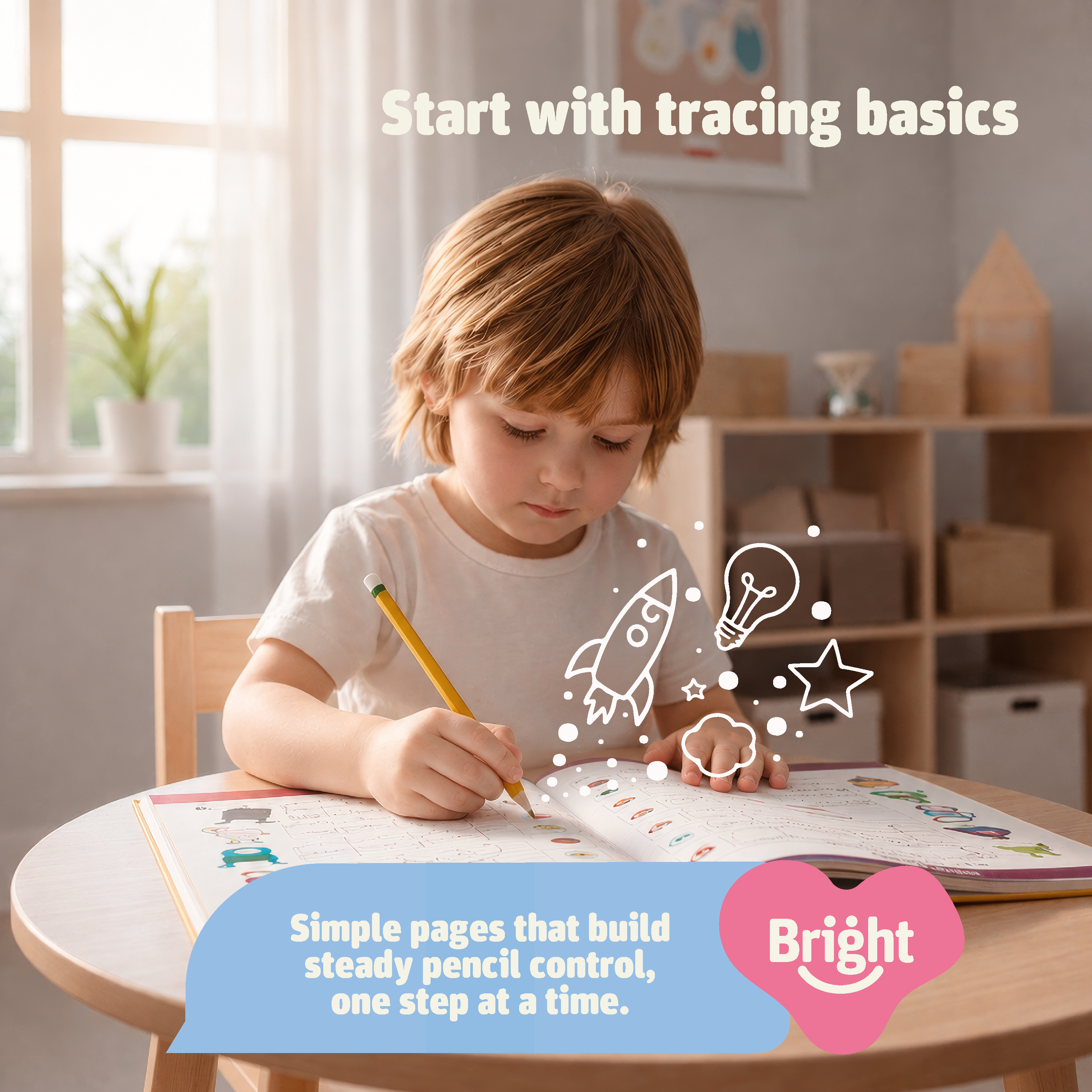 Boy tracing basic shapes and letters in the Bright Autism Trace and Learn to Write Workbook to improve pencil control and fine motor skills
