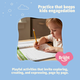 Young girl practicing pencil tracing in the Bright Autism Trace and Learn to Write Workbook to build fine motor skills