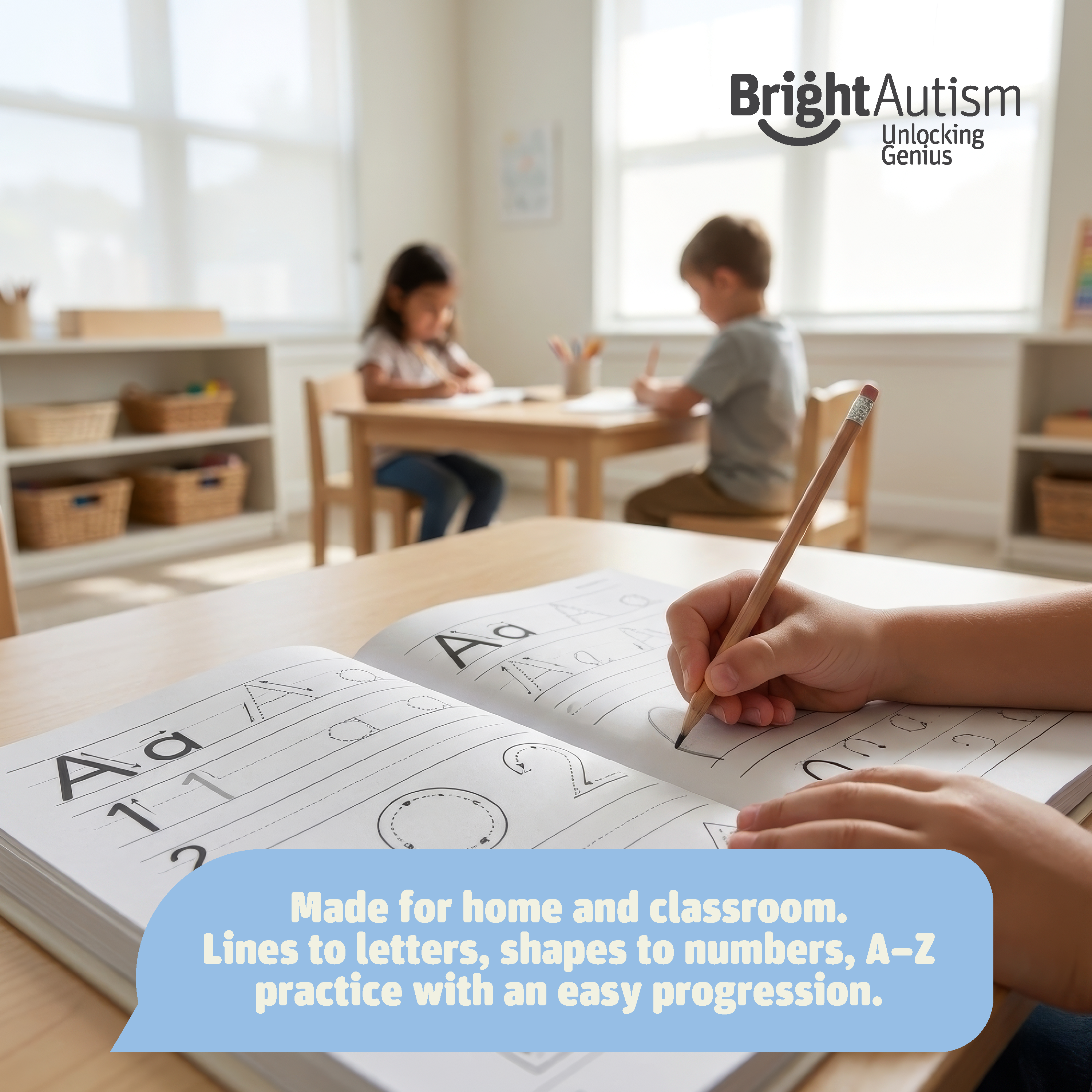 Child tracing uppercase and lowercase letters with the Bright Autism Trace and Learn to Write Workbook for handwriting practice