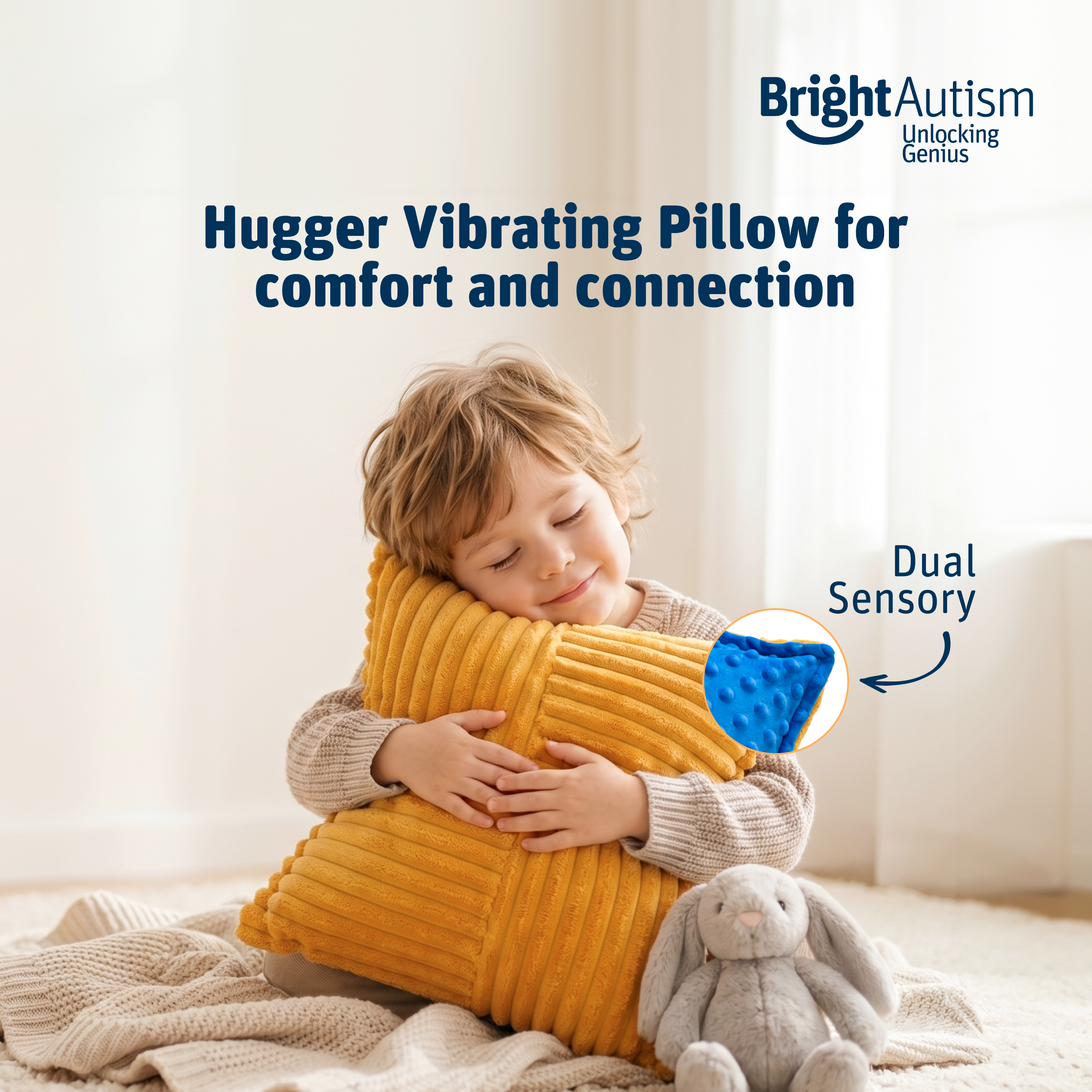 Boy hugging the Bright Autism Texturized Vibrating Pillow for comfort and sensory connection