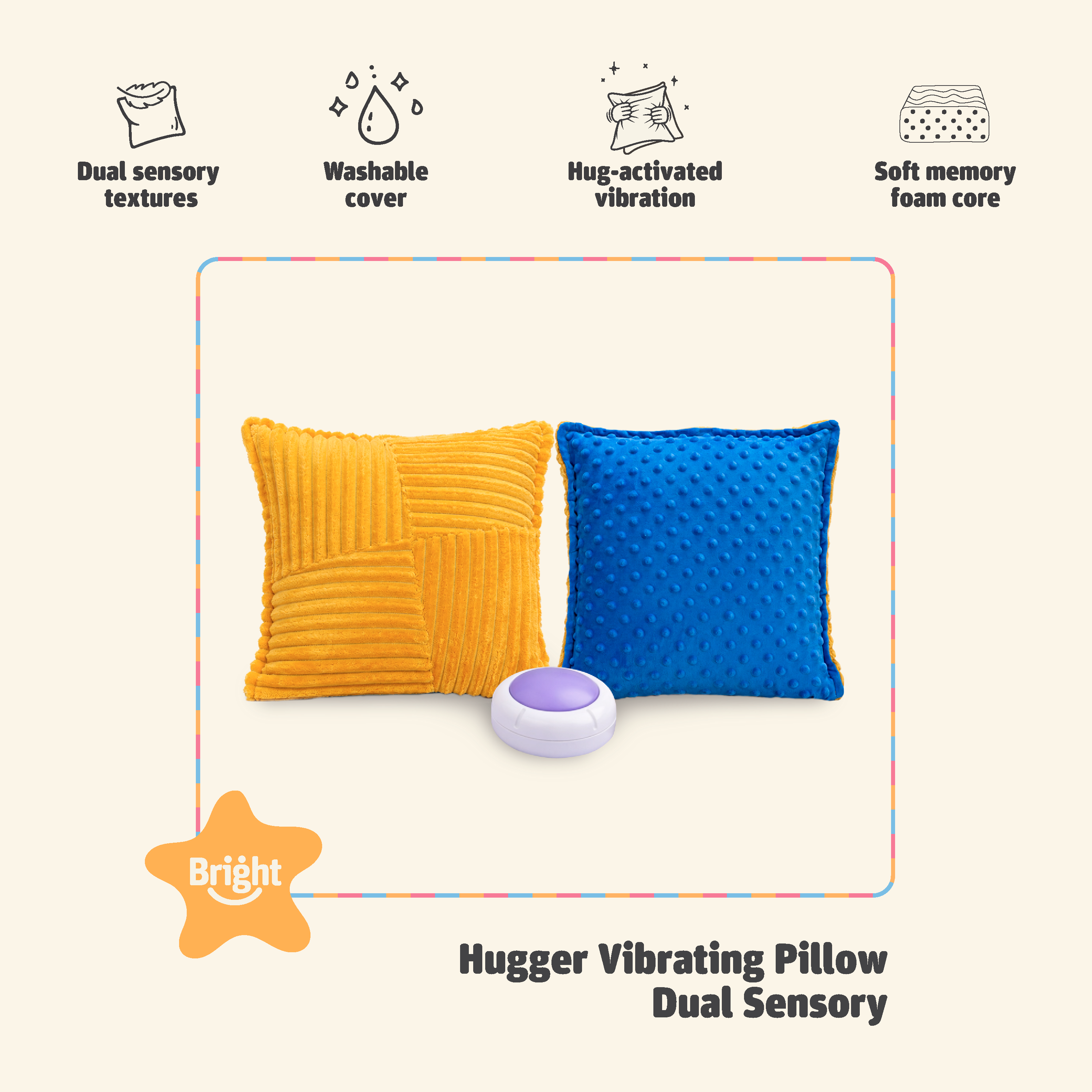 Bright Autism Texturized Vibrating Sensory Pillow with dual sensory textures, washable cover and soft memory foam core