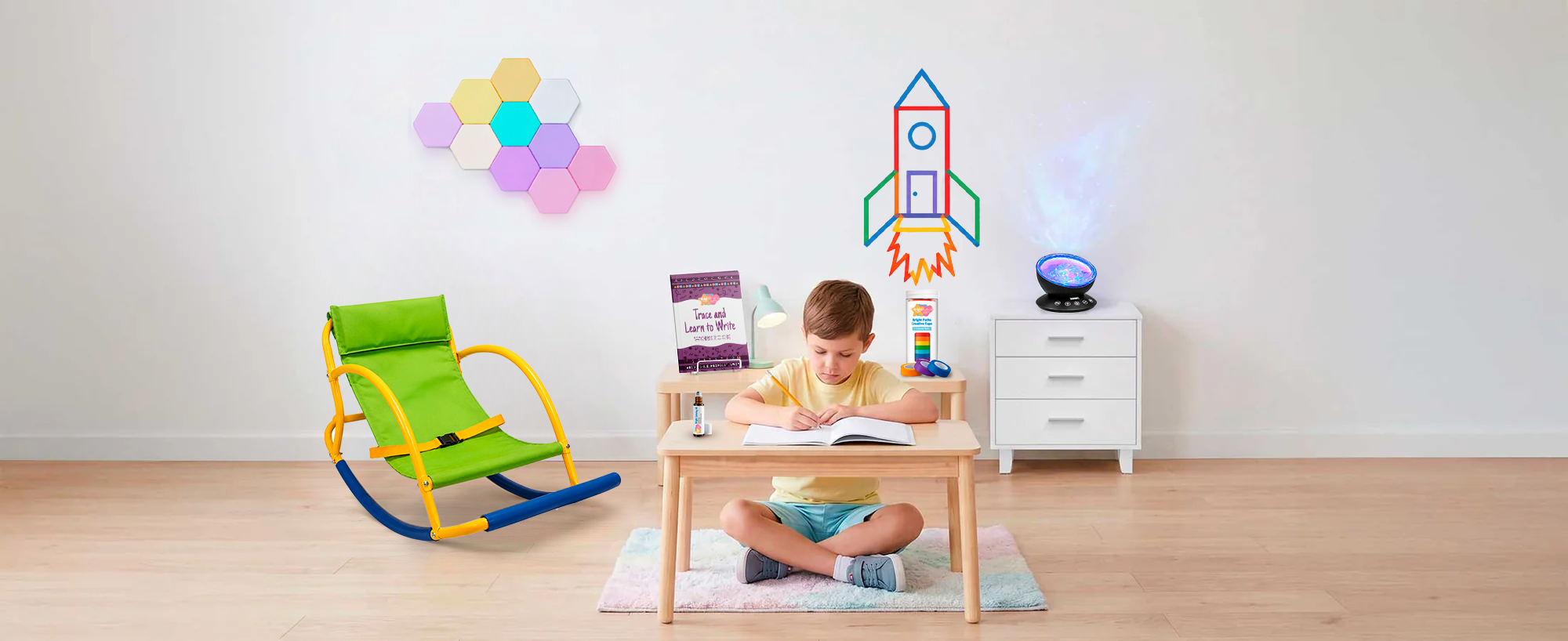 Bright Autism room scene featuring the Rocking Chair, Trace and Learn to Write Workbook, Bright Essential Oil, Tap-Tap Sensory Lights and Sensory Sea Lamp